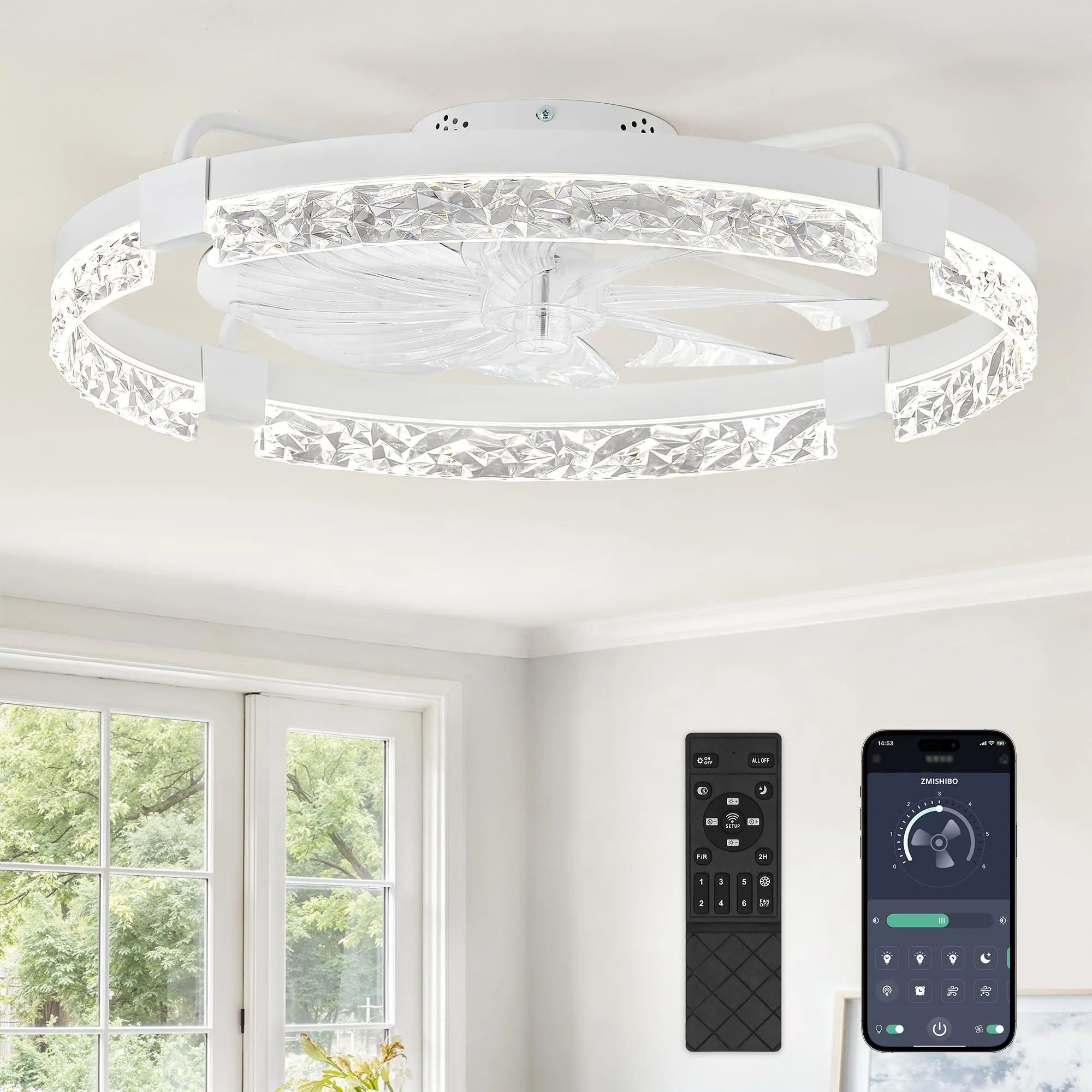 ZMISHIBO 24 Inch Ceiling Fans with Lights, Flush Mount Remote & App Control