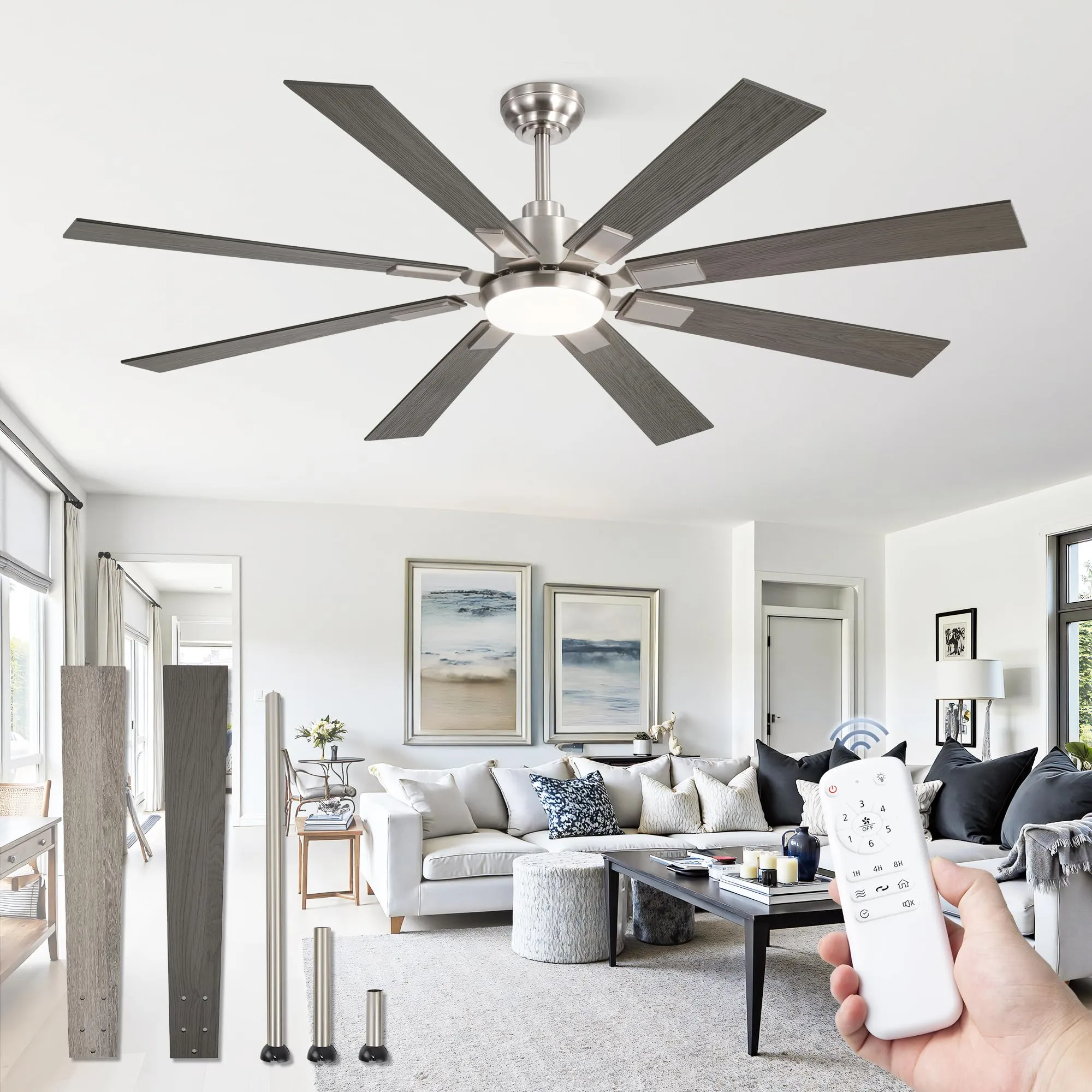 ZMISHIBO 62” Modern Ceiling Fan with Light, Remote Control, Brushed Nickel