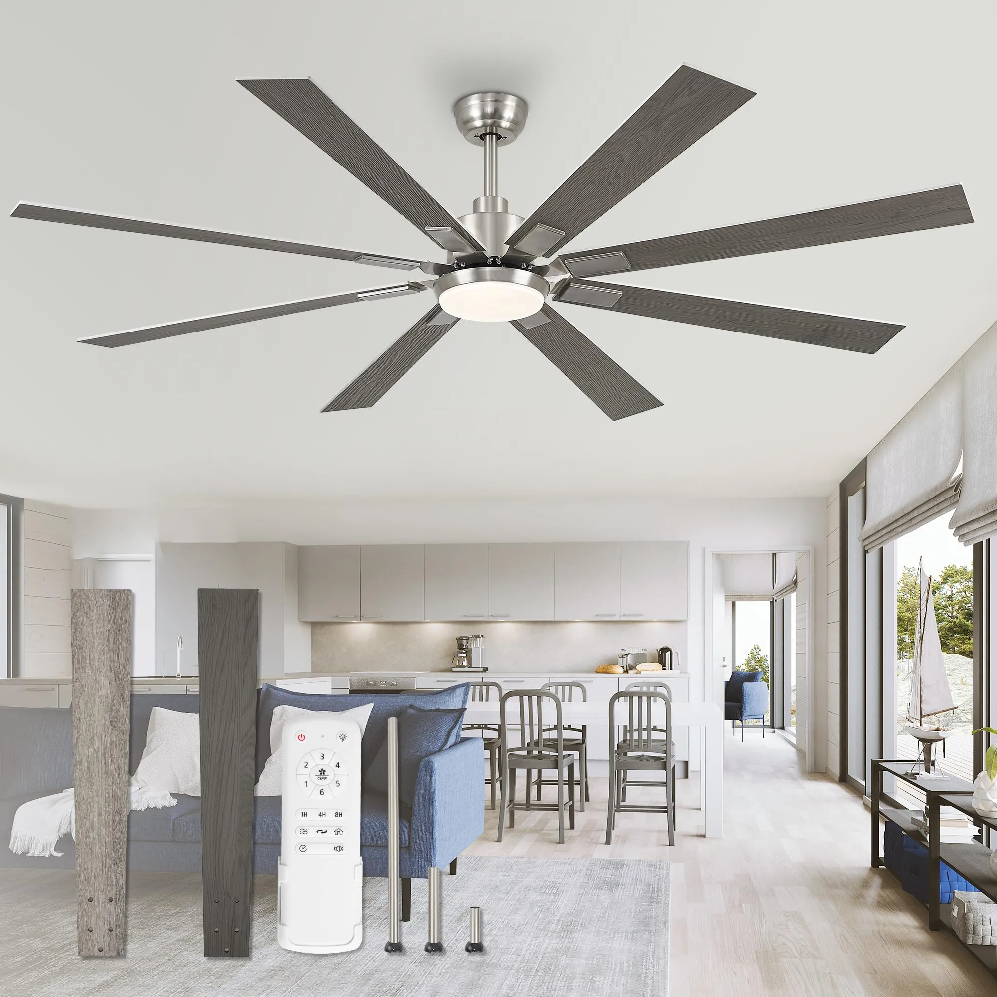 ZMISHIBO 72” Modern Ceiling Fan with Light, Remote Control, Brushed Nickel