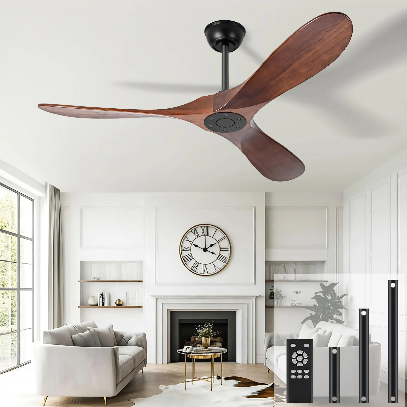 heimo 60 Inch Outdoor Ceiling Fan No Light,Wood Ceiling Fans Without Lights for Patios Bedroom Living Room Indoor Outside Reversible Ceiling Fan for Angled Sloped Ceiling(Walnut)