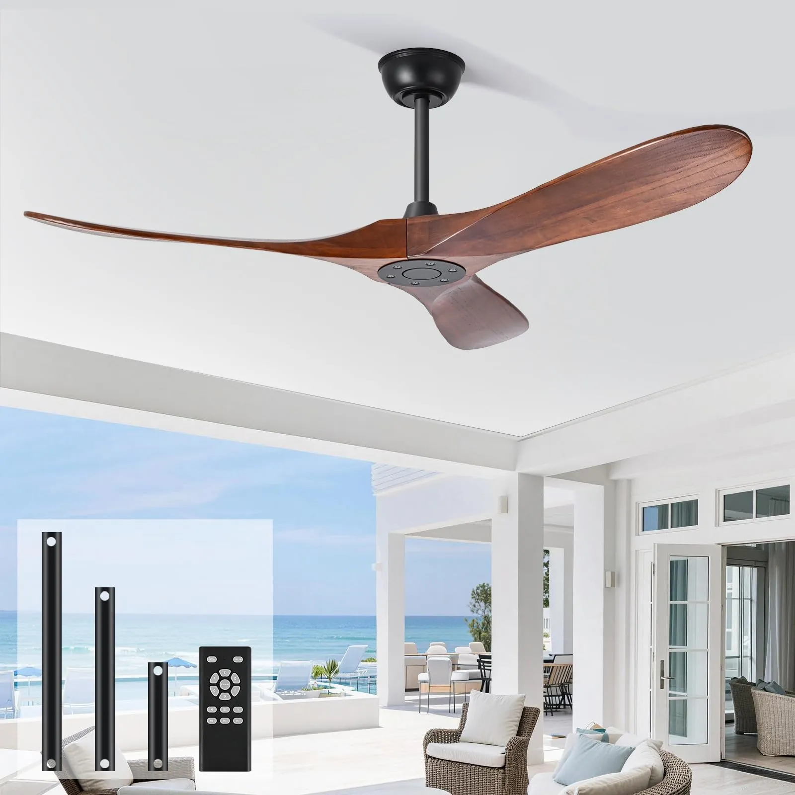heimo 72 inch Ceiling Fan No Light,Indoor Outdoor 3 Blade Wood Ceiling Fans Without Lights for Patios Living Room Bedroom Extra Large Exterior Big Outside Wooden Fan with Remote(Walnut)